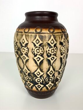Jasba West Germany Vase Vtg Pottery Brown Beige Textured MCM Decor 8.5” German